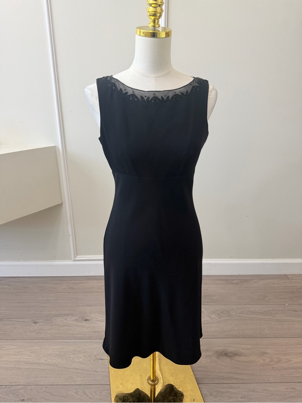 Ann Taylor Black Midi Dress with Sheer Beaded Yoke - Picture 3 of 10